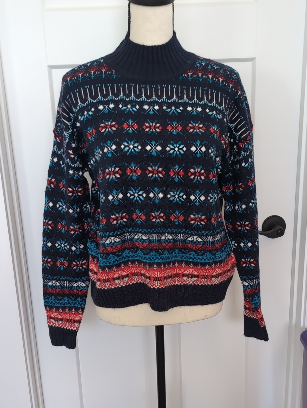 LOFT Navy Fair Isle Mock Neck Sweater with Red and Teal Accents